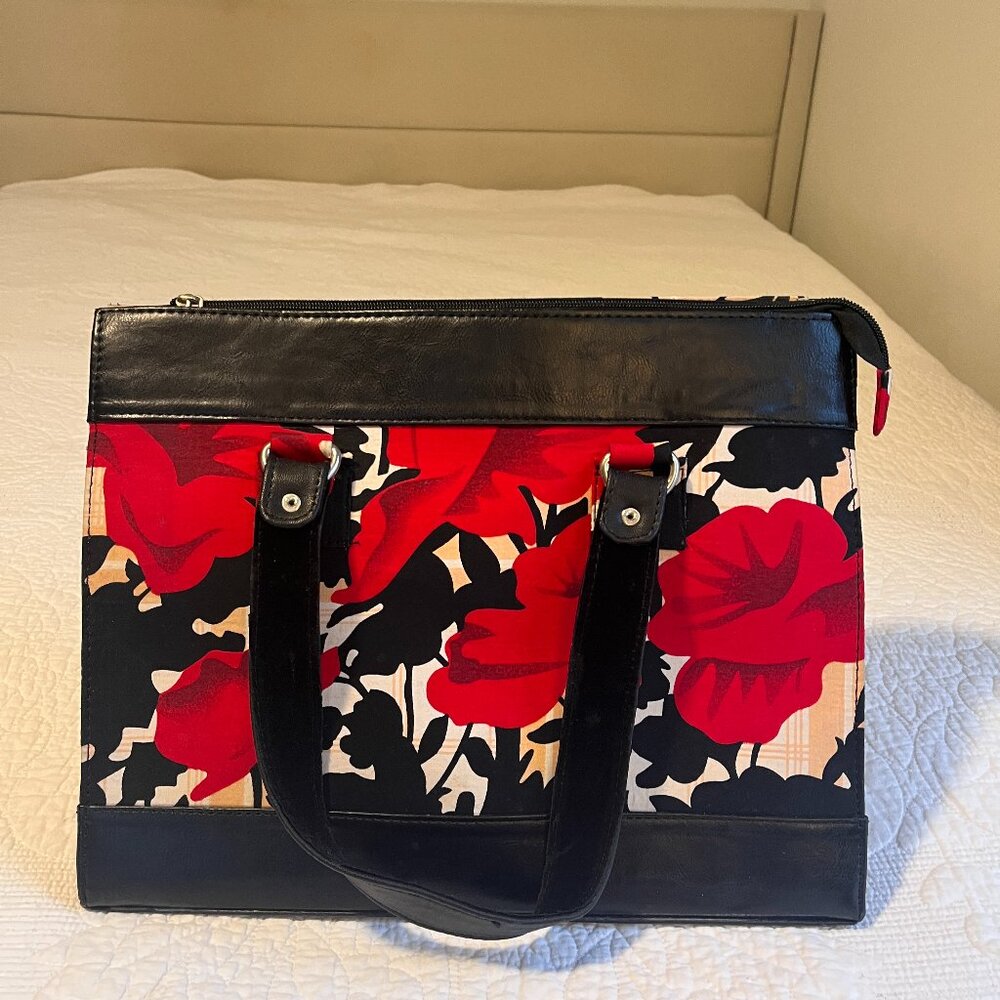 Red Floral Structured Tote Canvas Bag Black Leather Trim